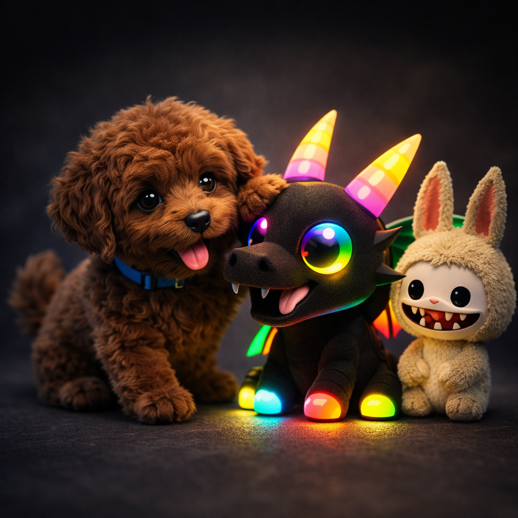 A brown goldendoodle playing with a mega neon bat dragon and a Labubu